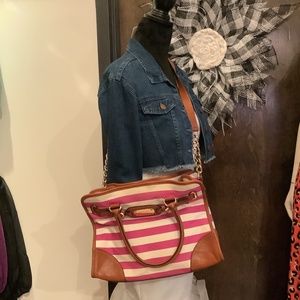 MICHAEL Michael KORS Fusia/pink and White Striped Canvas leather Hamilton Large